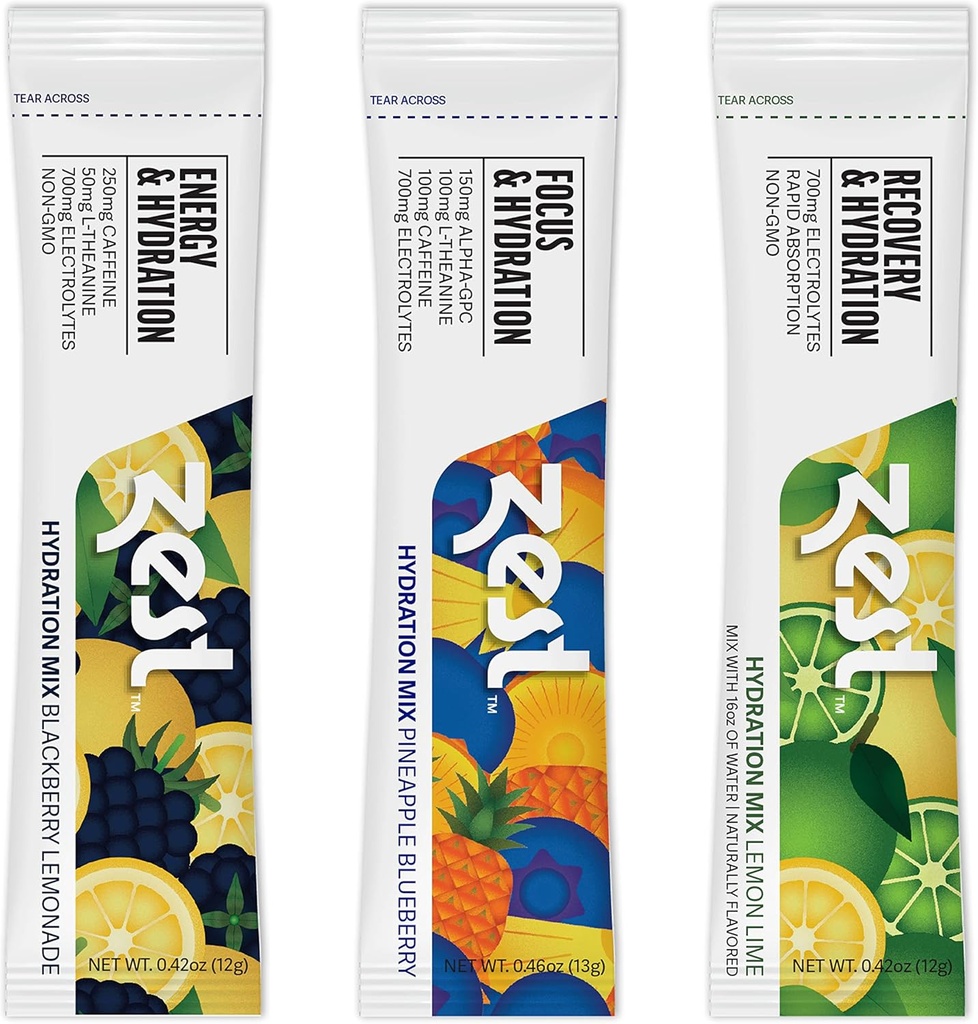 Zest 水合电解质粉 - 品种包 - Mix w/Water - 6 旅行包 - 低糖补充 - 回收、能源、和重点饮料 - 包括盐和钾在内的液体补水的四柱