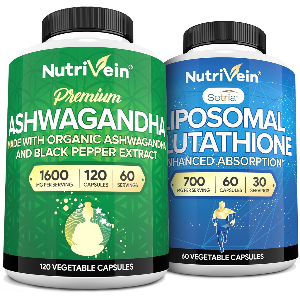 Nutrivein Premium Ashwagandha & Liposomal Glutathione 补充剂:高吸附性 Glutathione Liposomal 补充剂和 Ashwagandha 豁免、平衡、生命力和排毒补充剂