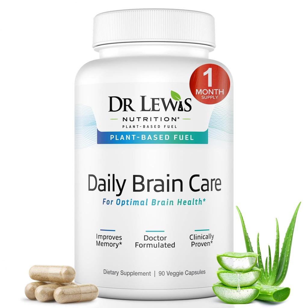 记忆和焦点的大脑补充剂 — Lewis Daily Brain Care Capsules博士与Aloe Vera — 脑雾、精神清晰度和免疫支持的植物性结核和能量补充剂 — 90 Capsules