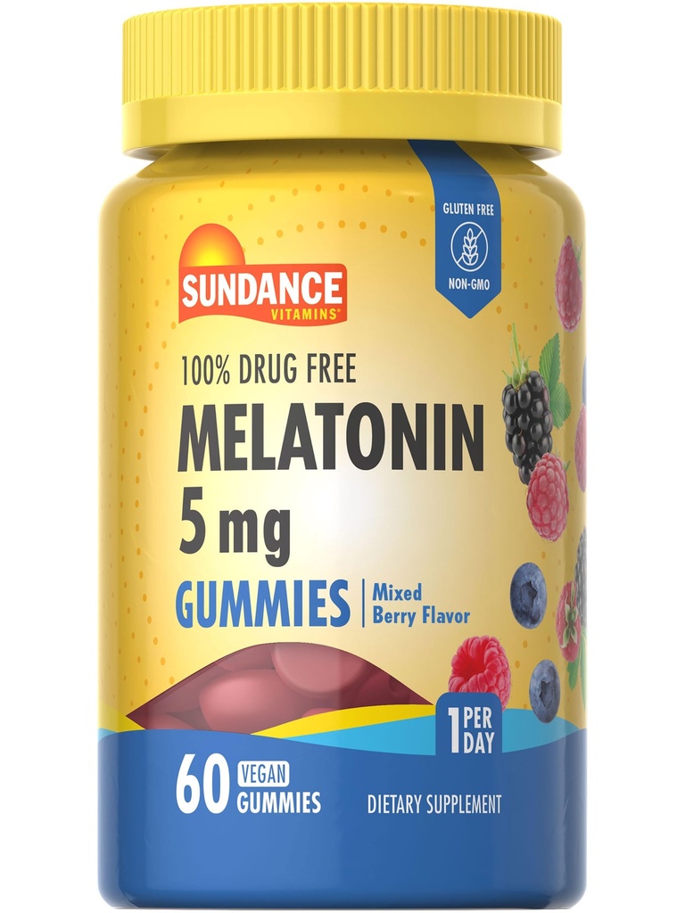 Sundance Melatonin Gummys 5mg QQ 60 混合贝里 Flavor QQ Vegan,非GMO & Gluten 成人免费补充