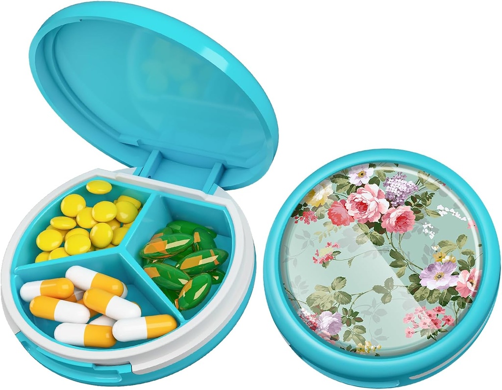 Serfeymi小药盒 - 3 Portable Pill Box for Purse Pocket, Compact mini Travel Pill case - 适合医药,维生素,鱼油,补充品 - 浅蓝色(Garden Bloom)