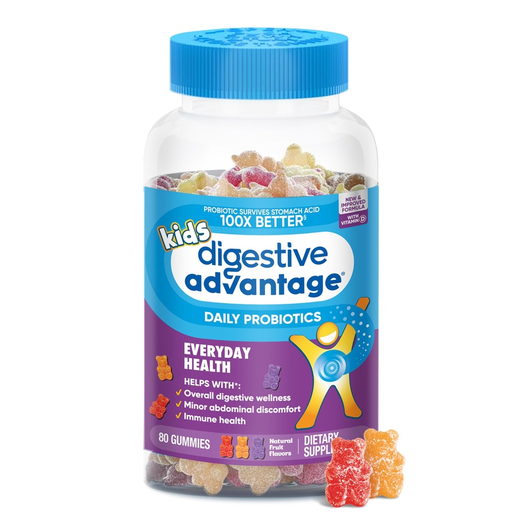Digestive Advantage Daily Probiotic Gummy for Kids, Multi, Natural Fruit Flavours, 80.0 Count