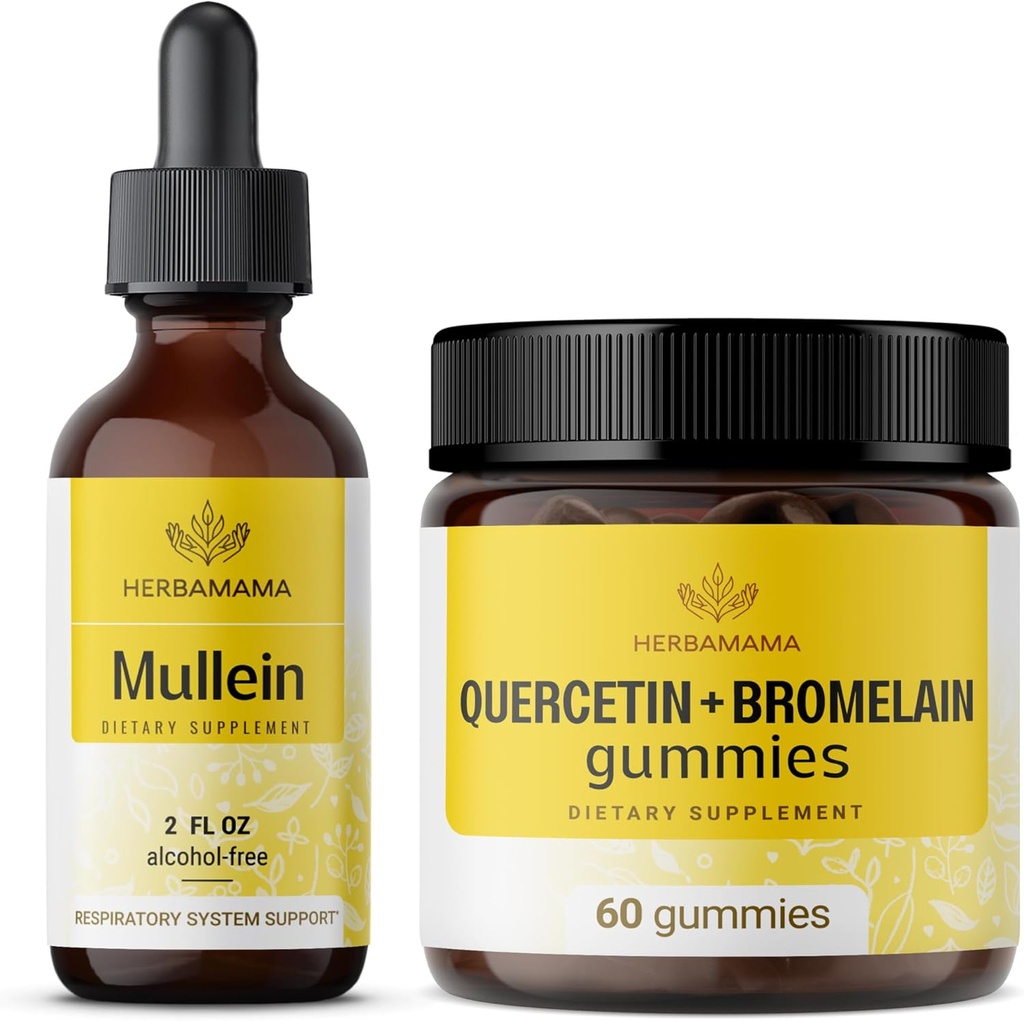 HERBAMA Mullein 叶片提取器和Quercetin Gummys Kit - 2 fl oz 和 800 mg Quercetin 与 Bromelain Gummys - Vegan,非GMO,无酒精 - 2 包装