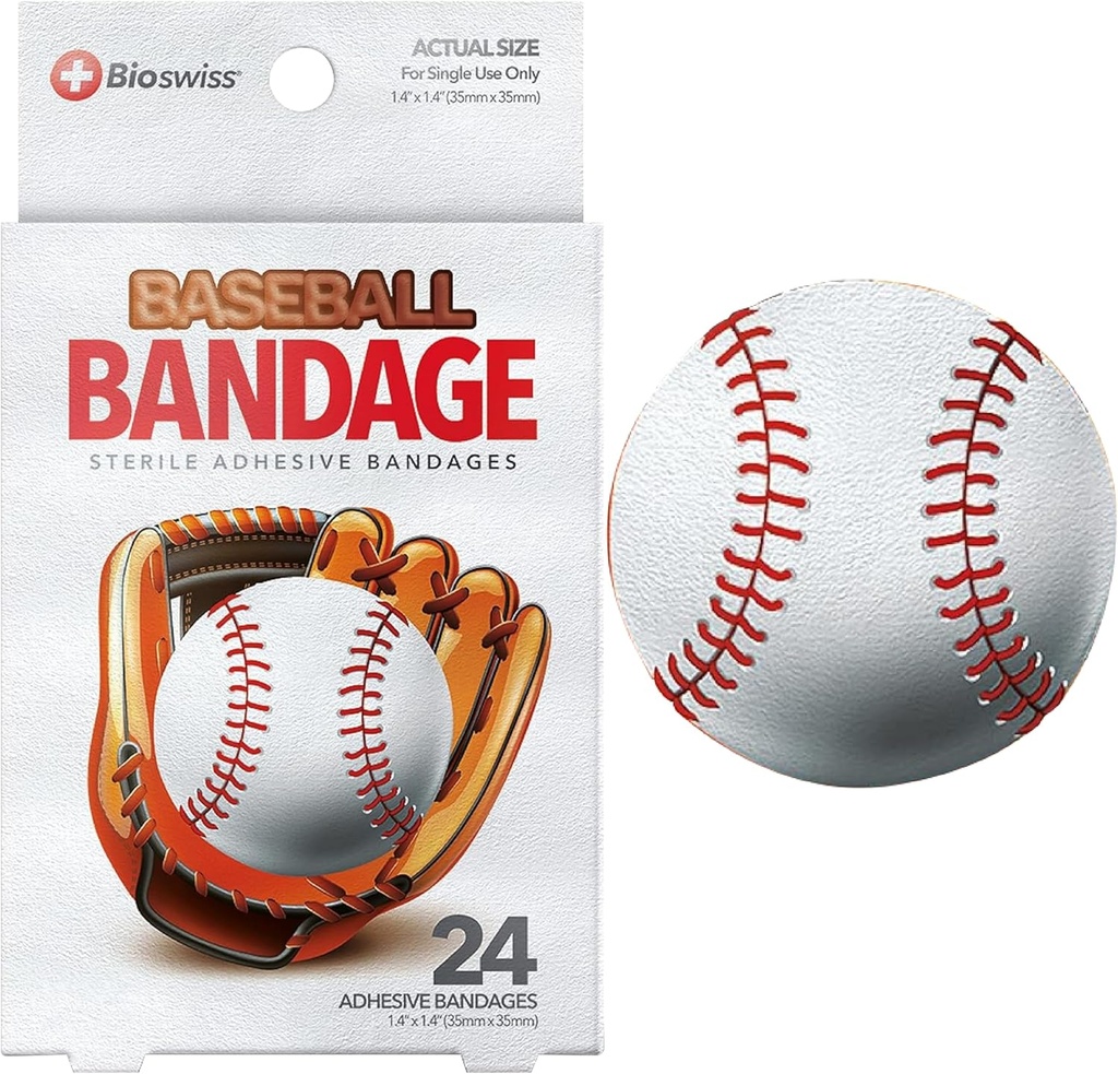 BioSwiss Kids Bandages, 棒球形状的自粘性 Bandage 套装, Latex Free, Stearile 伤病护理, 24 Counter
