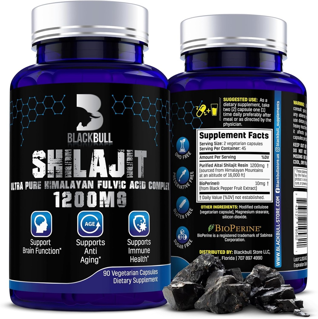 Blackbull Shilajit纯喜马拉雅有机卡普勒斯 - 天然的Shilajit Resin有机物,配有20%的富尔维奇酸补充剂,脑健康,老年免疫支持 - 纯喜马拉雅 Shilajit