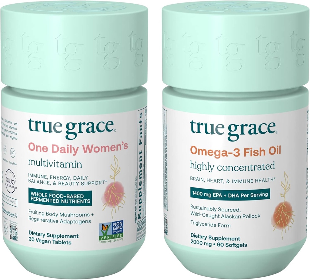 True Grace One Daily Women ' s Multivitamin(30 Vegan牌匾) & Omega-3 Fish Oil(60软胶) - Gluten Free, Soy Free, Organization - 每人供应30天
