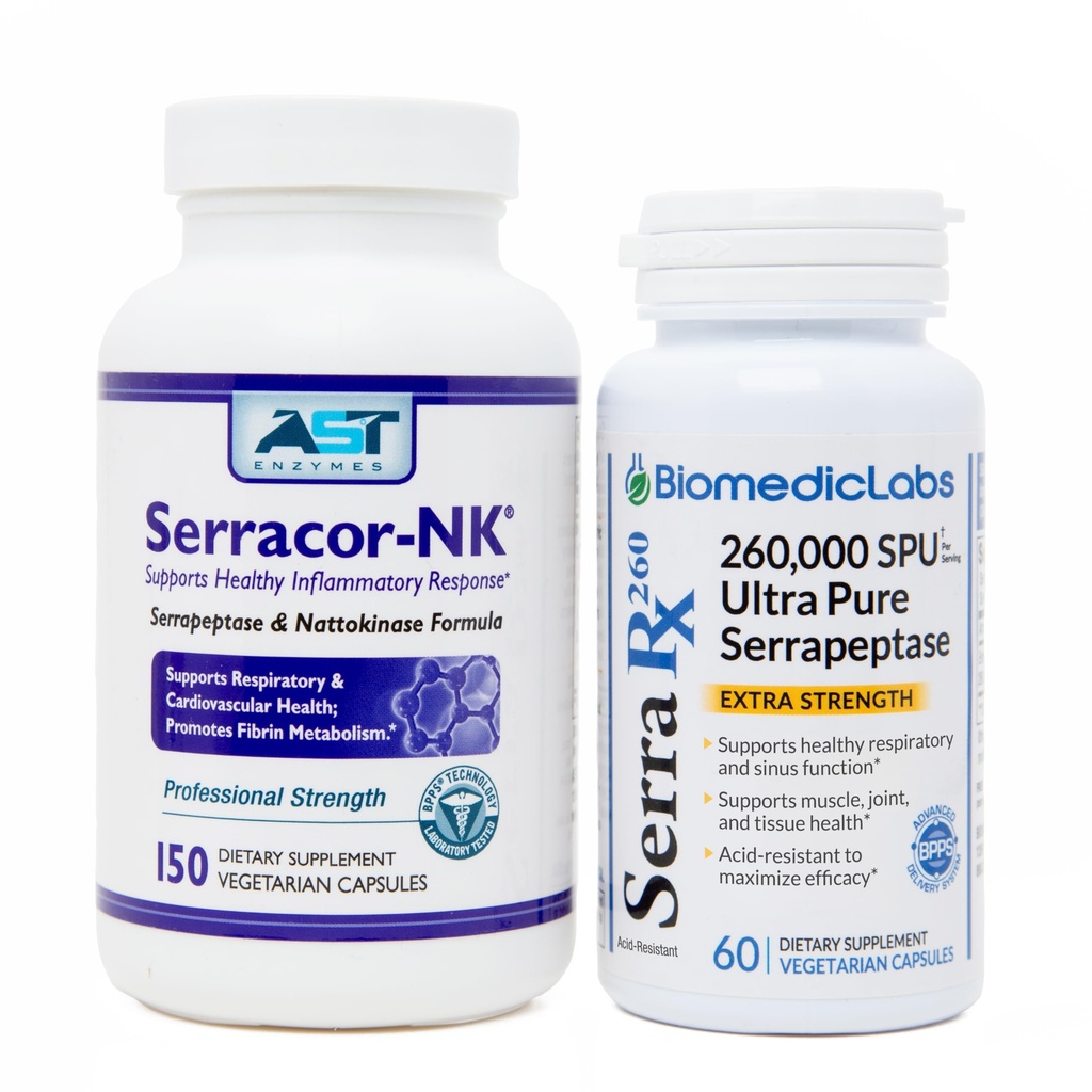 Serracor-NK & Serra-RX 26万 SU - Scar Tission Bundle (150 Capsules & 60 Capsules) - 酸-resistant Serrapeptase 蛋白质酶系统酶,呼吸和肺部支持