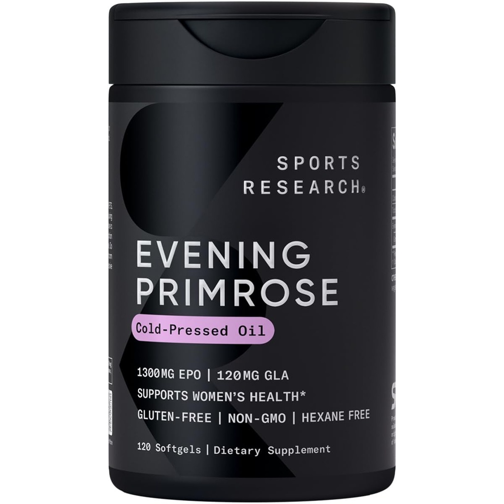 体育研究 + 晚间Primrose Oil 1300mg, 120 Capsules - 10% GLA, Cold-Pressed, Gluten & Soy Free