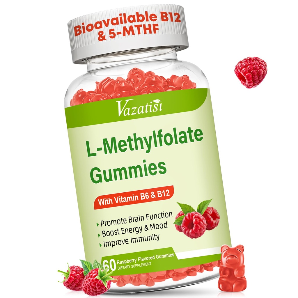 L-Methylfolate 15 mg Gummies with Methyl B12, Folate Supplement for Mood, Brain Health, Immune Support, Raspberry Flavor, 60 Count