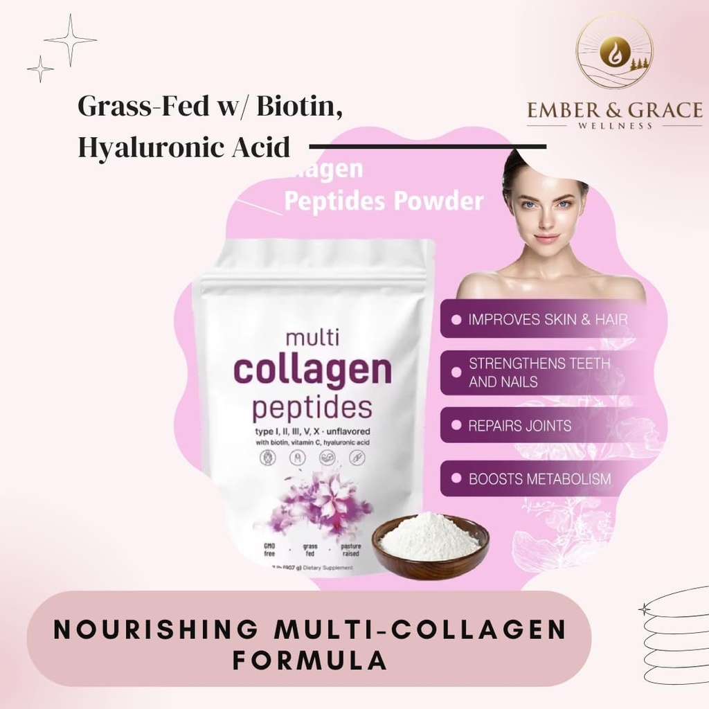 Ember & Grace Wellness 多Collagen蛋白粉 - I型,II型,III型,V型,X型有Biotin,Hyaluronic Acid,Vitamin C型 - 不受欢迎的Collagen Peptides - Keto & Paleo 友好型,易溶型,非GMO型