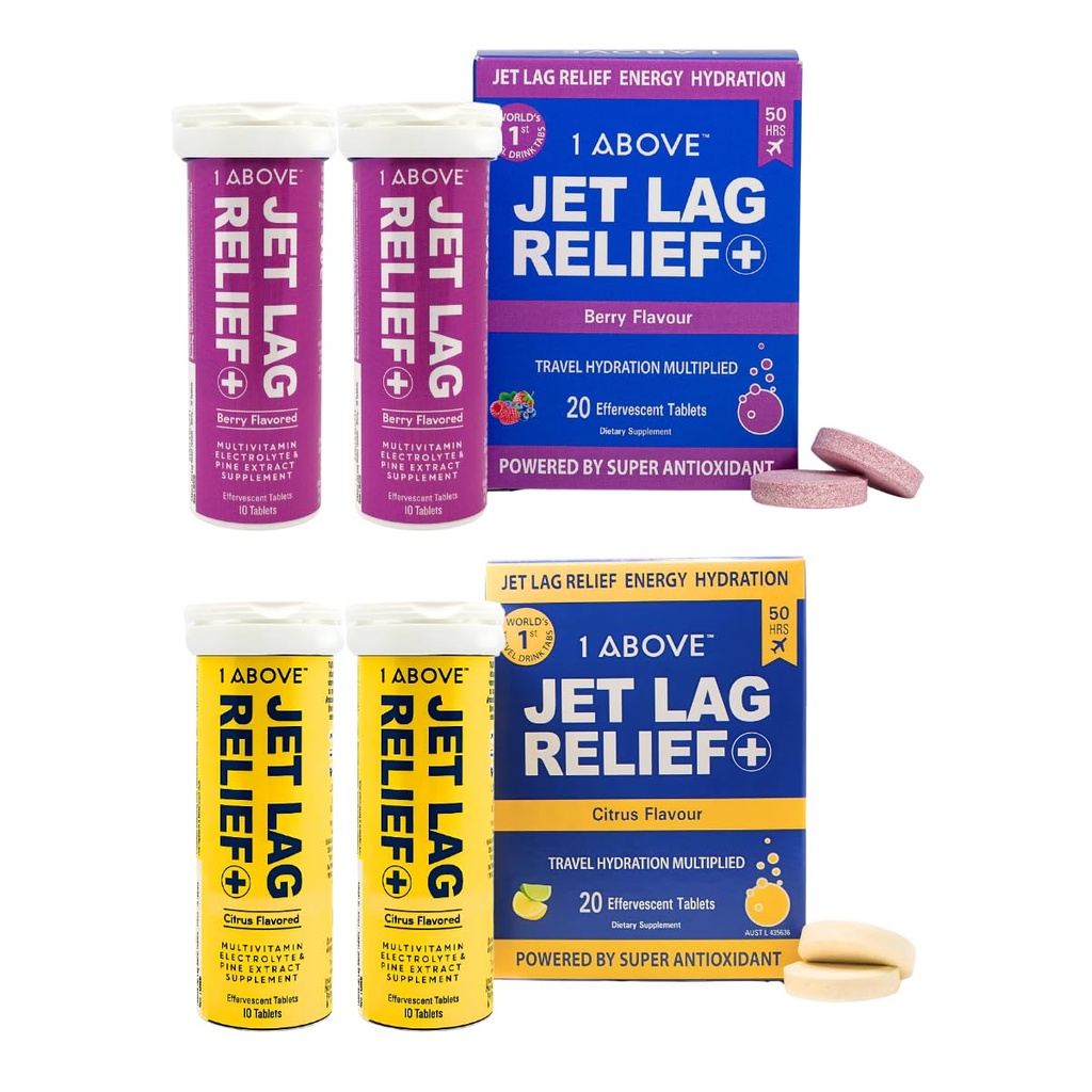 1ABOVE Jet Lag Relief Effervescent 多维特敏 配有 Pycnogenol 水分、能源、免疫支持和更快恢复的多维特敏 – 飞行必需 – Citrus 20 Count and Berry 20 Count
