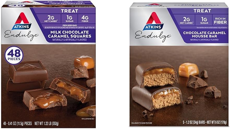 Atkins Endulge 牛奶巧克力焦糖广场 48 Count & Cocolcolor Caramel Mousse 酒吧 5 Count Bundle