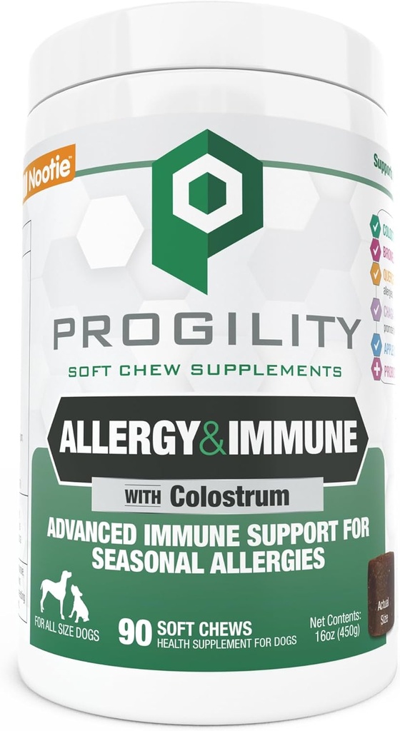 《Nootie Proglicity Alergy & Immune 补充品》,《季节性过敏症高级Immune 支持犬类补充品》,每集装箱90只软厨