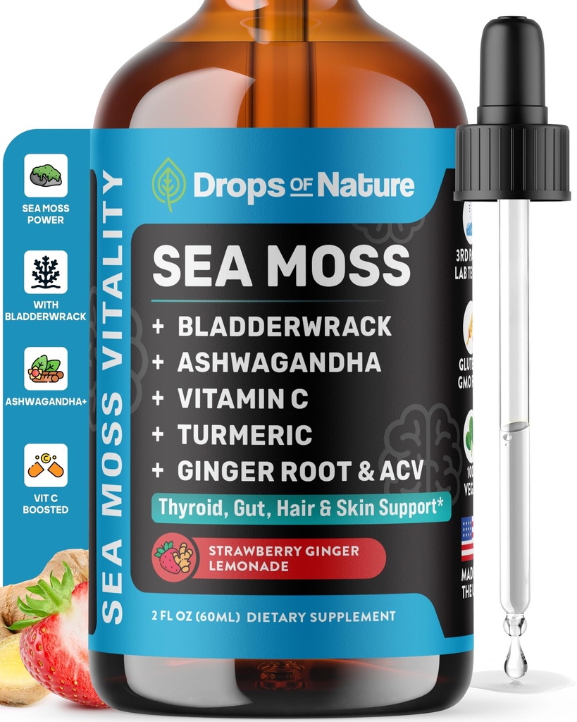 Ashwagandha & Turmeric Liquid Drops - 维生素C,海蚊,苹果苹果苹果醋,Bladderwrack - Vegan Liquid Drops for全面健康支持和生命豁免(草莓姜柠檬汁,60mL)
