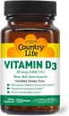 乡村生活 维生素D3,非Fish 1000 IU,100 Softgels, 认证为无胶