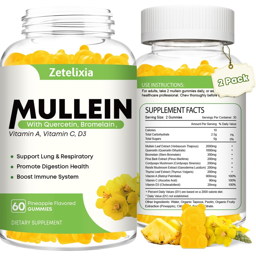 Mullein Gummys for Clear Lungs, 10 in 1 Mullein Leaf Excert for Lungs, Mullein Quercetin Gummys for Lung Cleanse, 呼吸器, Immune, 菠萝火焰, 120 伯爵