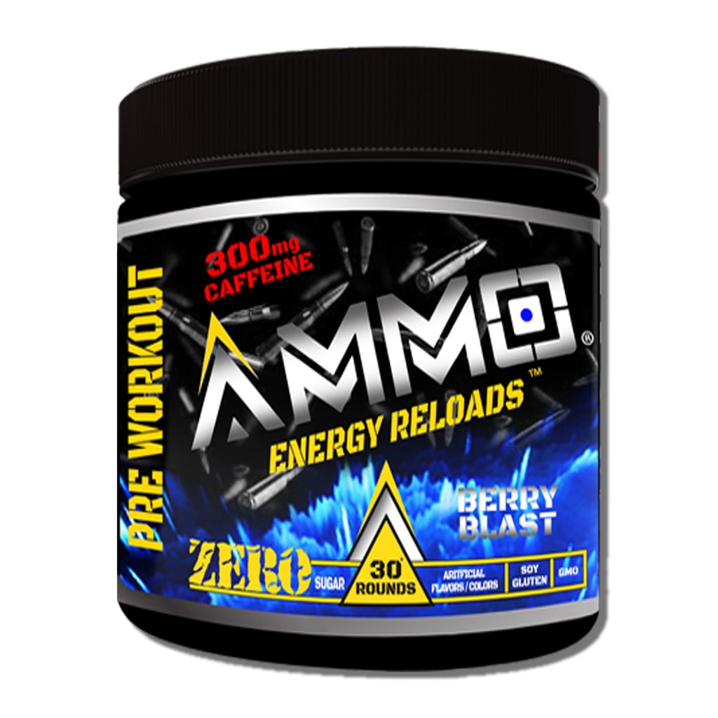 AMMO + 能量再装填器 预工作粉 - 300mg Cafeine 零糖 生命氨基和电解质 无人工火焰或颜色(莓爆破)