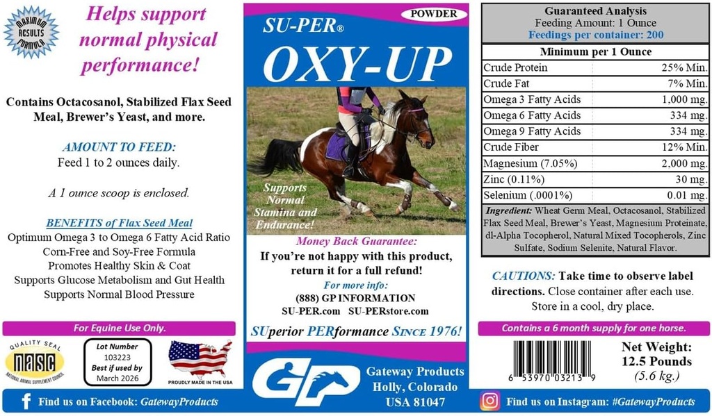 SU-PER Oxy-Up性能马匹补充 - 支持正常 Stamina和耐力 - Wheat Germ提取,B-复合维生素,镁 - 12.5英镑,6个月供应量
