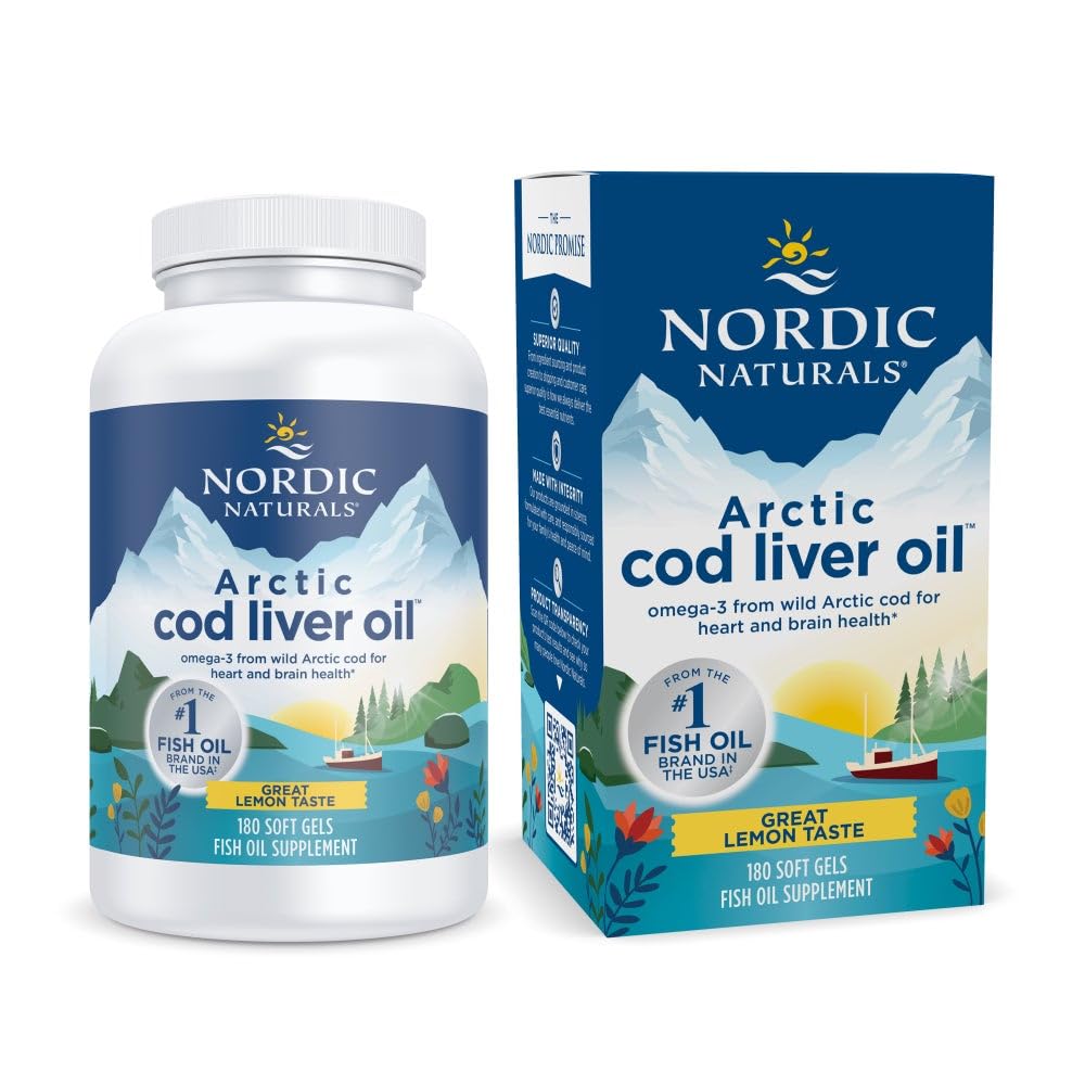 Nordic Naturals Arctic Cod Liver Oil, Lemon - 180 Soft Gels - 750 mg Total Omega-3s with EPA & DHA - Heart & Brain Health, Healthy Immunity, Overall Wellness - Non-GMO - 60 Servings
