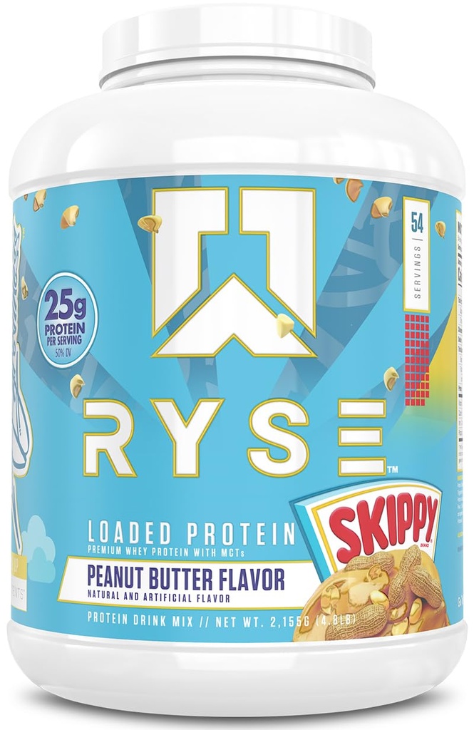 RYSE 加载蛋白粉 - Skippy Palentian Butter - 25g Whey 蛋白质隔离并集中使用先生纤维和MCTs - 低碳化物,低糖,消化友好 - 54 services / 4 lb Tub
