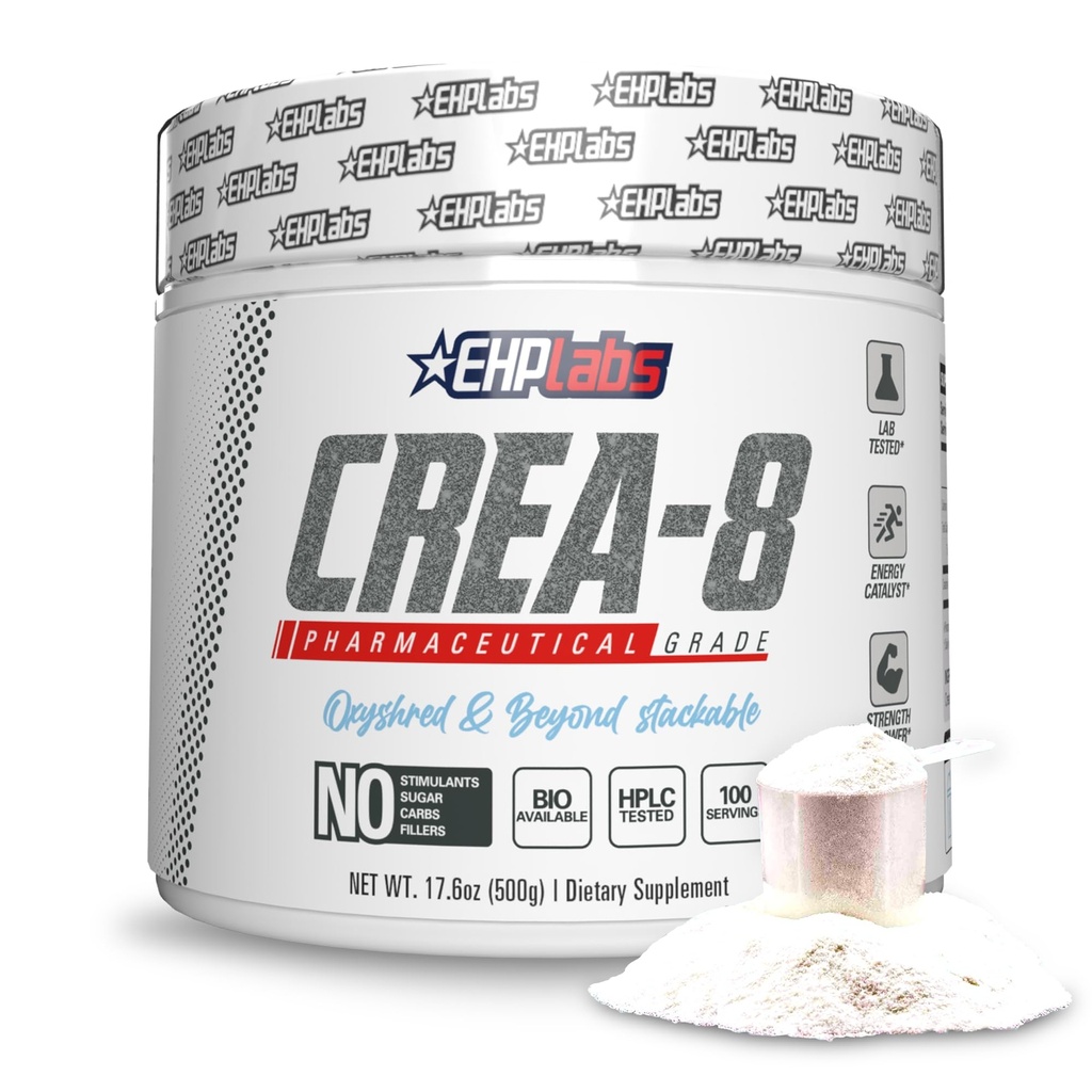 EHP Labs CREA-8 微量晶体酸单水合物粉 - 用于肌肉生长、增强力量、增强能源输出和提高性能的不香晶体粉 - 100种服务(500g)
