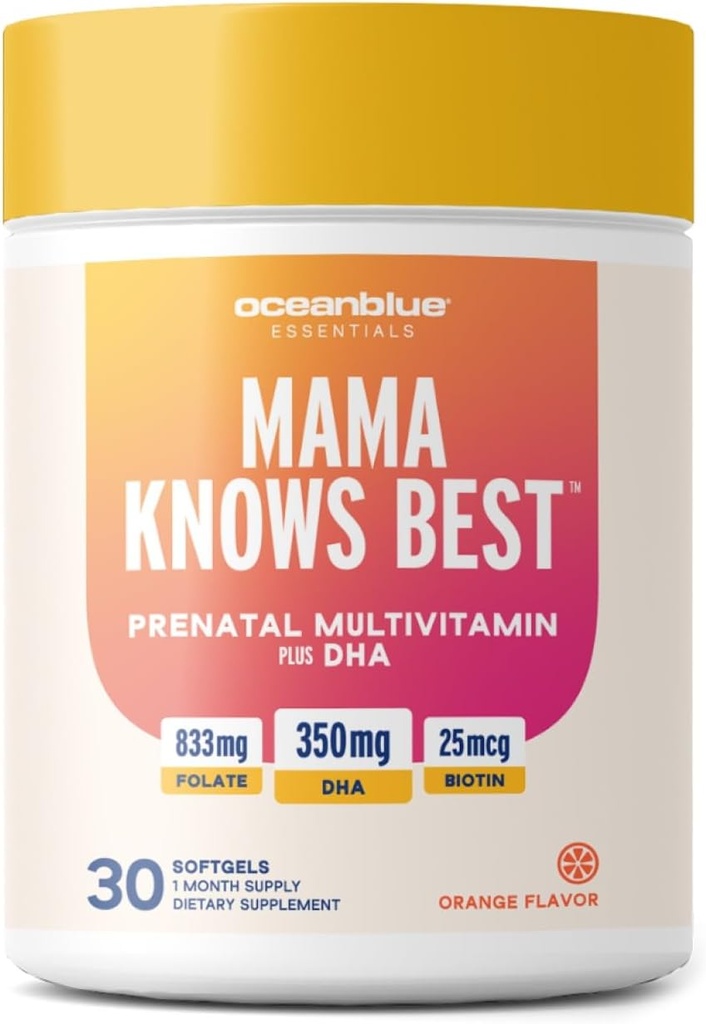 Oceanblue Business Mama Knows Best – 30ct – 产前多维特敏与Omega-3 DHA – 支持健康妊娠 – 容易吞咽软胶 – 美味橙色Flavor – 1个月供应 – Omega-3 DHA.