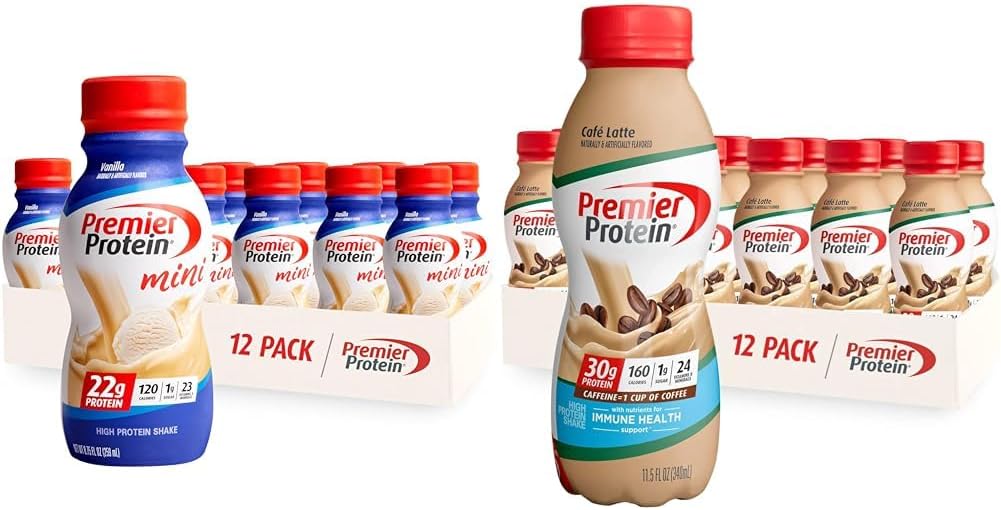 Present protein Shake MINIs Vanilla 22g Protein 120 Calories Pack of 12 & Café Latte 30g Protein 160 Calories Nutrients for Immune Health Pack of 12