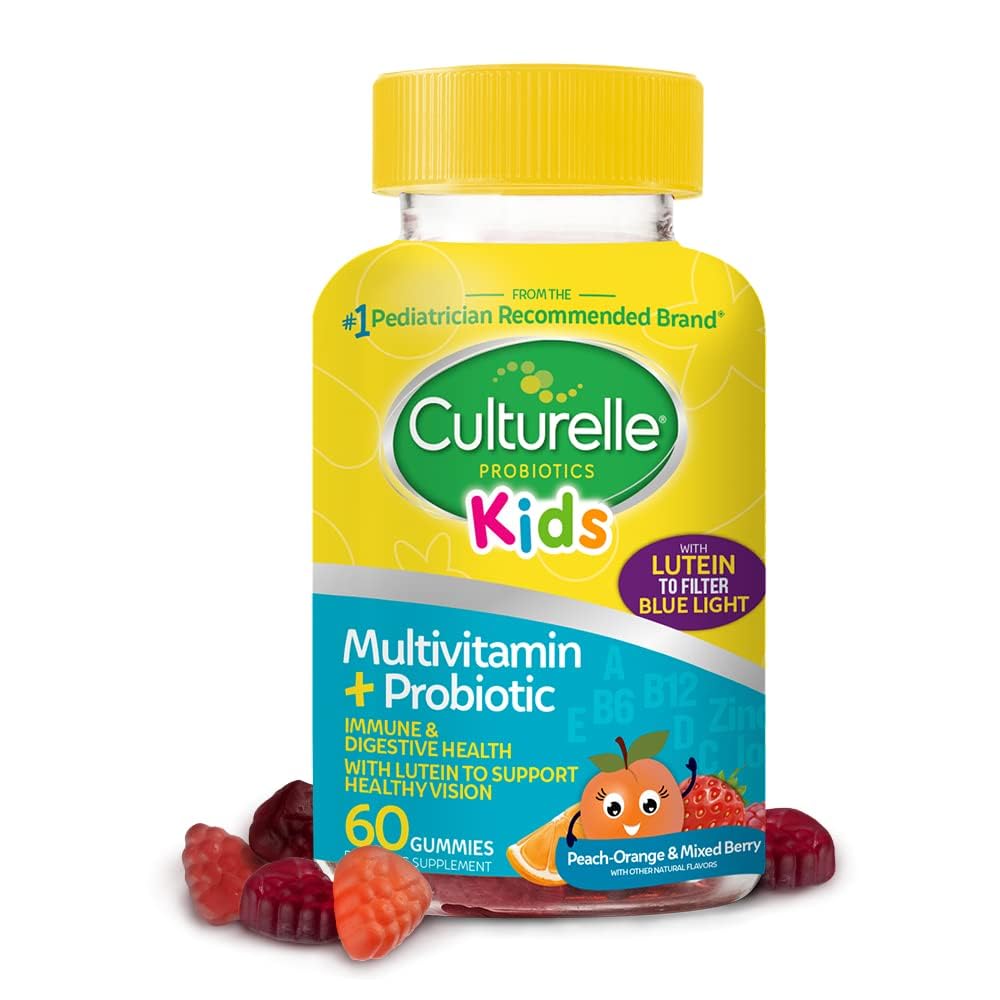 Cultelle Kids Multivitamin + Probiotic for Kids (Ages 2+) - 60 Counter, Peach-Orange & Mixed Berry Flavor - 与Lutein一起支持眼部健康的消化性健康与免疫支持