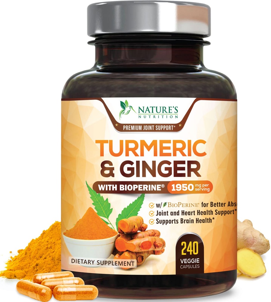 Turmeric Curcumin Supplement 1950mg - 95% Curcuminoids with Organic Turmeric & Ginger, BioPerine Black Pepper for Best Absolutions, Nature's Vegan 联合支持, N-GMO, Bottled in USA - 240 Capsules (英语).