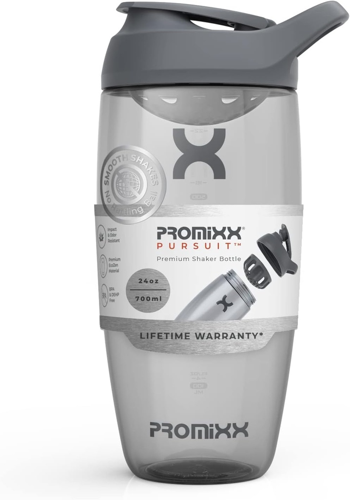 Promix 追逐蛋白质摇摆瓶(24 oz) – 寂静无声的无篮混音器,Leak-Proof Lid,BPA/BPS & Phthate-Free ECOZEN – 蛋白质摇摆,前和后工作滑动的易清摇摆杯