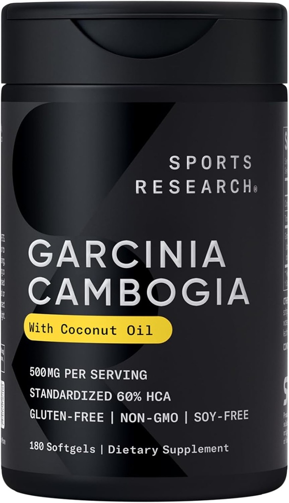 体育研究 Garcinia Cambogia 提取(60% HCA) 配有 Virgin 有机椰油 → 非 GMO, Soy & Gluten Free(180 液体软胶)