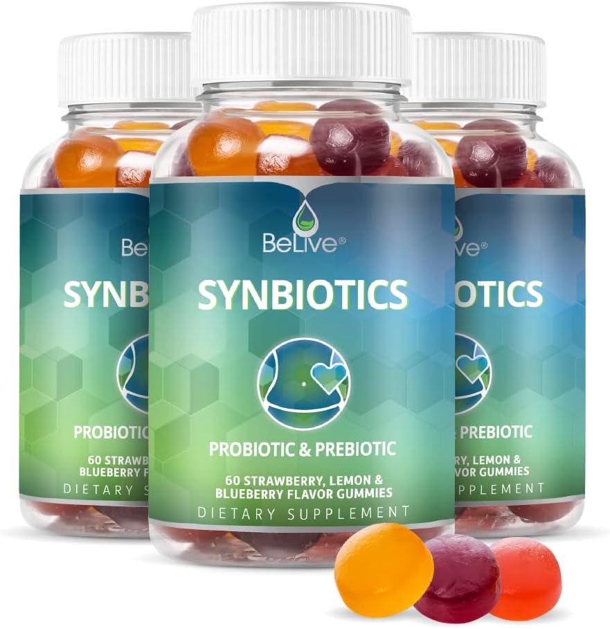 BeLive Synbiotics - Probiotic & Prebiotic Fiber Gummys - 高强度胰岛素(3g),饮食纤维补充剂,对孩子和成年人的消化支持 - 草莓,柠檬,蓝莓Flavor - 3-Pack