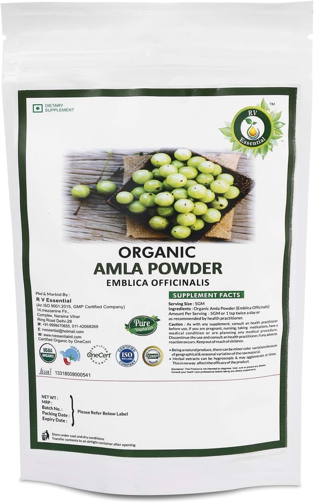 R V 基本有机阿姆拉粉 100gm/3.53oz/0.22lb-Emblica Officinalis Amla Amla 果粉 USDA 有机认证 Ayurvedic 草药补充剂,装在可储存和可再使用的Zip Lock 邮袋中