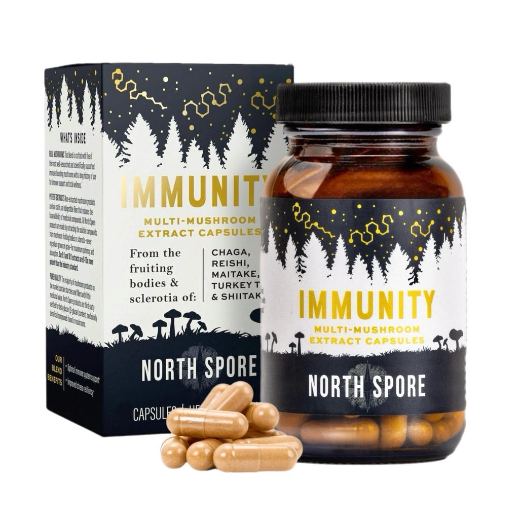 North Spore Immunity Mushroom Extract Supplement Capsules | Organic Turkey Tail, Chaga, Reishi, Maitake, Shiitake Blend | 100% Fruiting Body Extracts - 120 ct