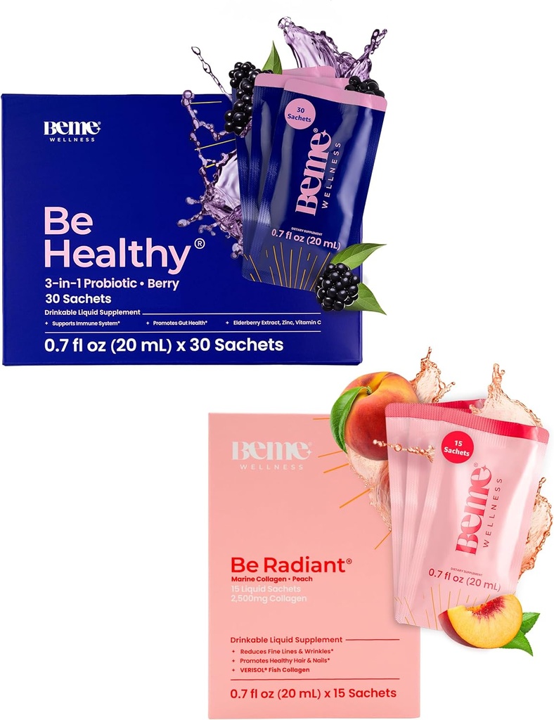 BeMe Behealthy & BeRadiant Peach Bundle - 液态抗生素和液态凝胶饮料补充剂