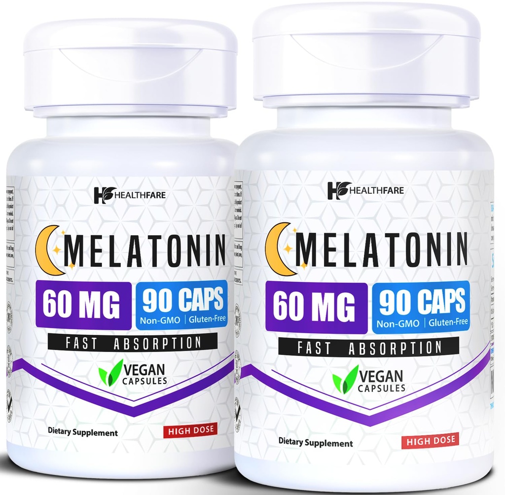 HealthFare Melatonin 60mg | Pack of 2 | 90 Veg Capsules Each | High-Strength Formula | Vegetarian, Non-GMO, Gluten-Free | Made in the USA