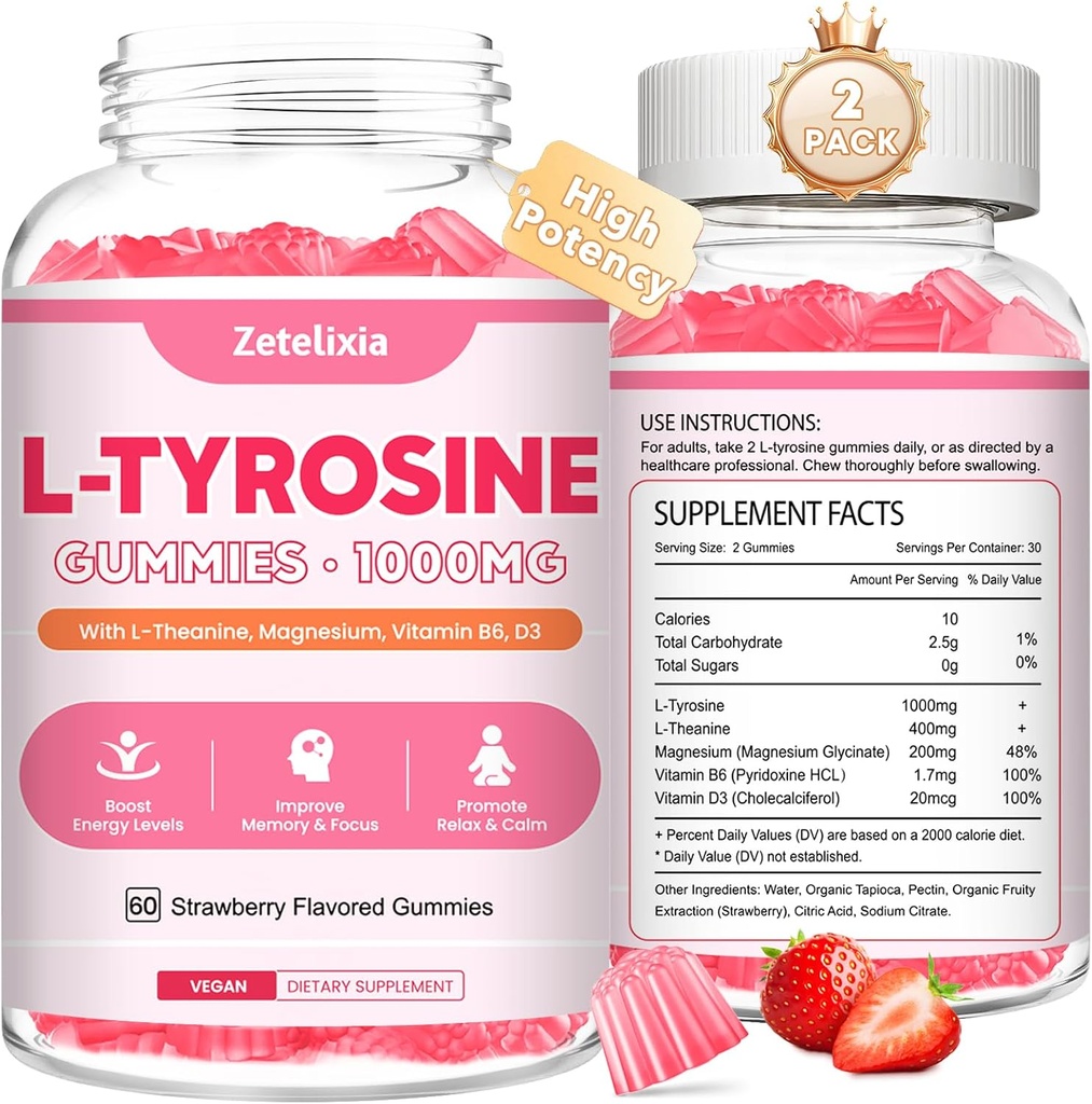 2 Pack L Tyrosine Gummys, L-Tyrosine Supplement Gummys, L-Thenine Gummys with Vitamin B6 D3, Focus Gummys 支持记忆, 能源, 成人和孩子的Mood, 草莓火焰, 120 伯爵