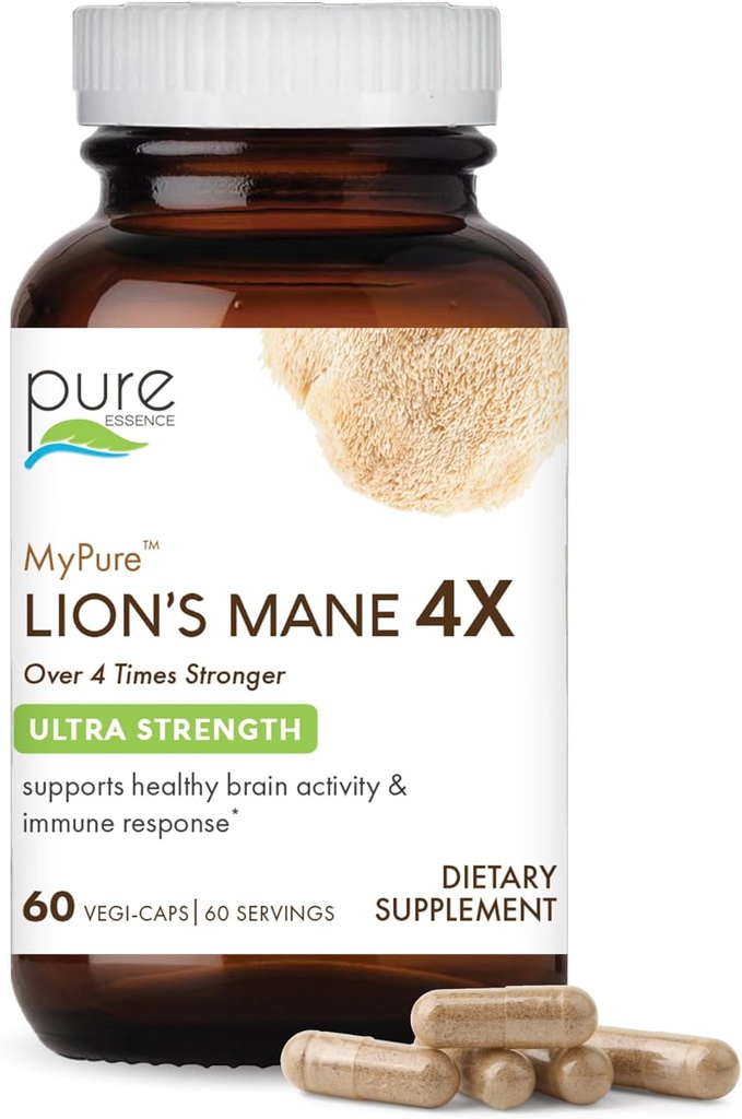 PURE ESSENCE LABS MyPure Lion's Mane 4X - 超强大脑支持补编 6:1 热水提取和 10:1 认知健康,焦点,记忆和精神清晰度提取,60 Capsules