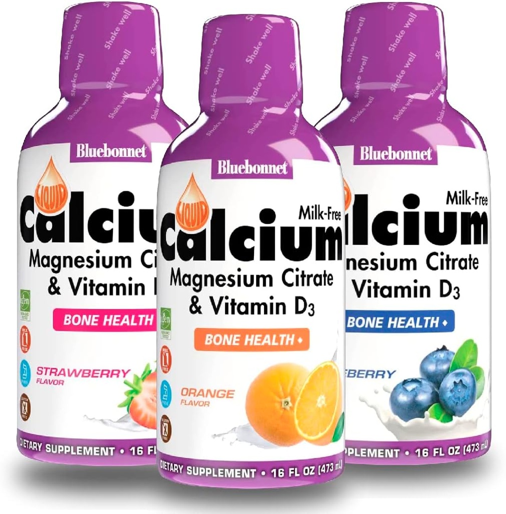 Bluebonnet液态钙 Citrate Magnesium Citrate,维生素D3-橘子、蓝莓和草莓火焰盒,每瓶3瓶16Fl Oz(共计48Fl Oz)