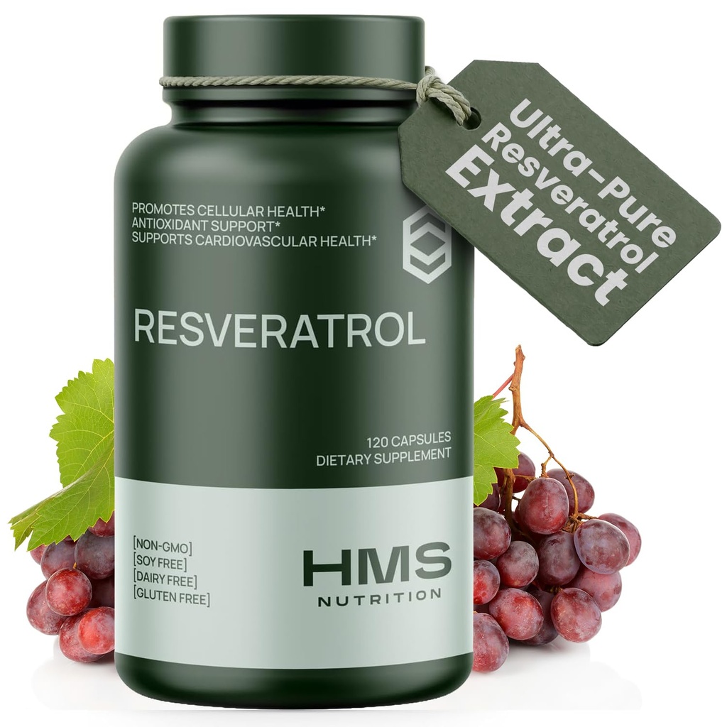 HMS Nutrition Resveratrol 1400 mg per Serving — 120 Vegan Capsules | High‑Potency Trans‑Resveratrol with Acai, Grape Seed & Green Tea | Antioxidant, Cellular & Heart Support