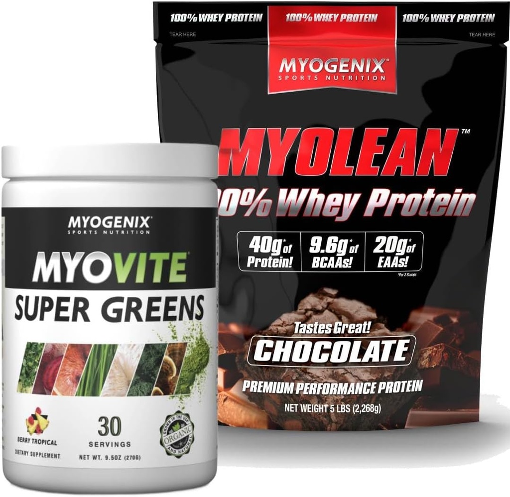 Myogenix Myovite 超绿色 粉末和Myolean巧克力 蛋白质包 — 文摘、豁免和40g 高蛋白质包 — 支持古特健康、肌肉生长和复苏