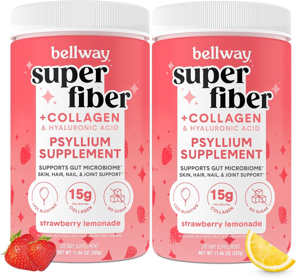 贝尔威超级纤维粉末+Collagen(2Pack),无糖肽胡斯克粉末与Collagen Peptides用于古特健康,健康皮肤,钉子,骨头和联合,草莓柠檬汁(22.92 oz)