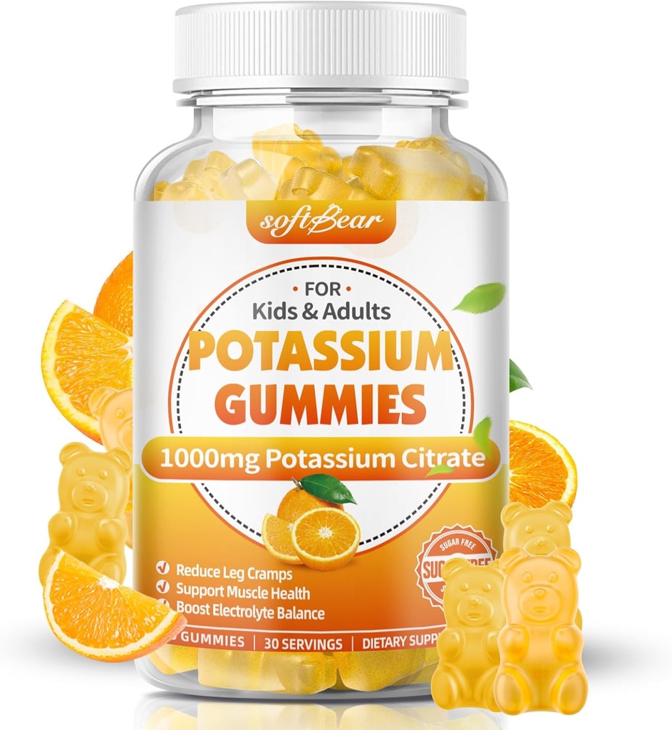 软熊Potasium 千兆克,成人无糖钾 Gummys 支持腿板和肌肉健康 高概率钾 补充 Gummys 橙色 Flavor 60 计数