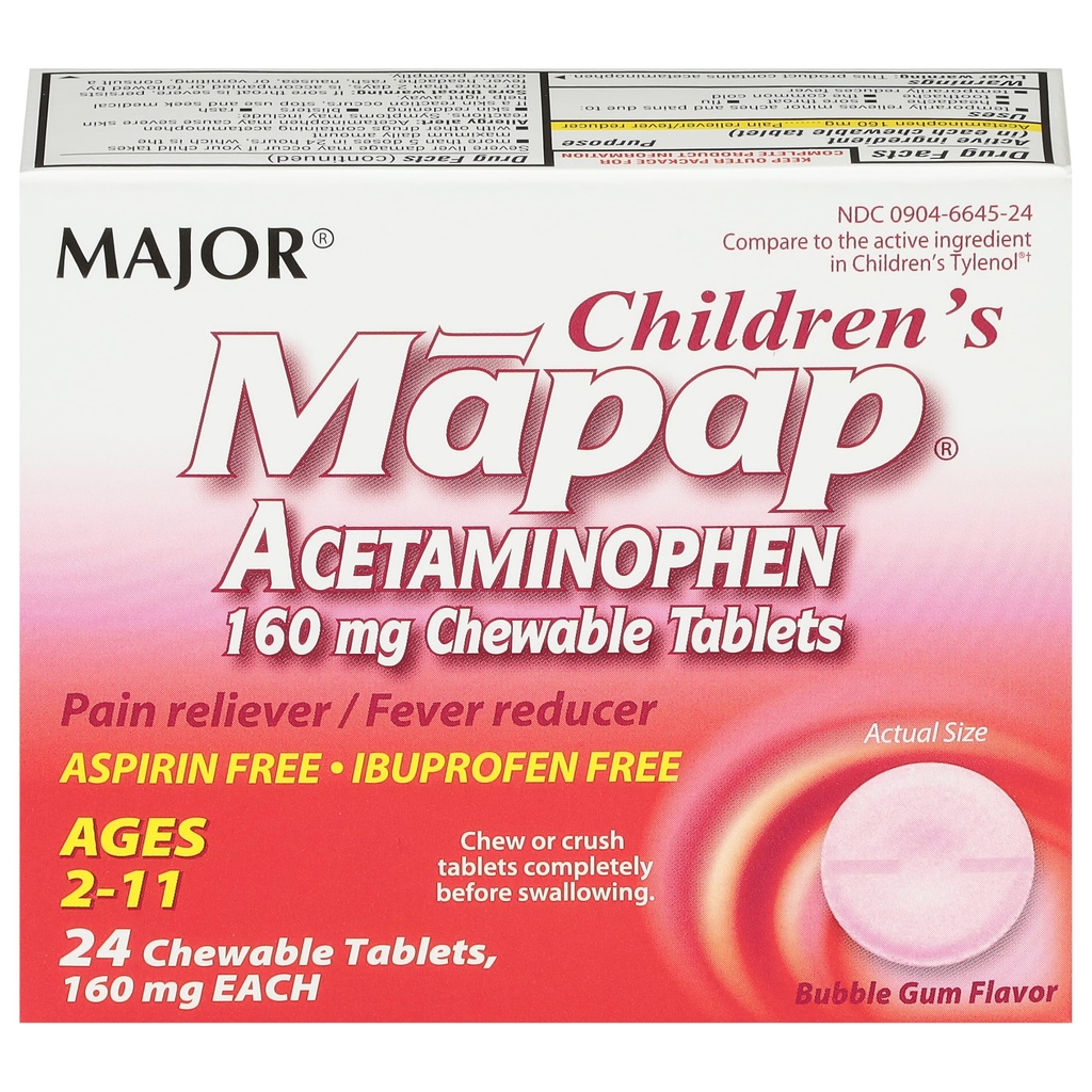 主要JOR 儿童 Mapap Acetaminophen 160 mg 可切片 -- -- 疼痛释放剂/减少发热剂 -- -- 无阿斯匹林 -- -- 伊布普罗芬 -- -- 2至11-24岁