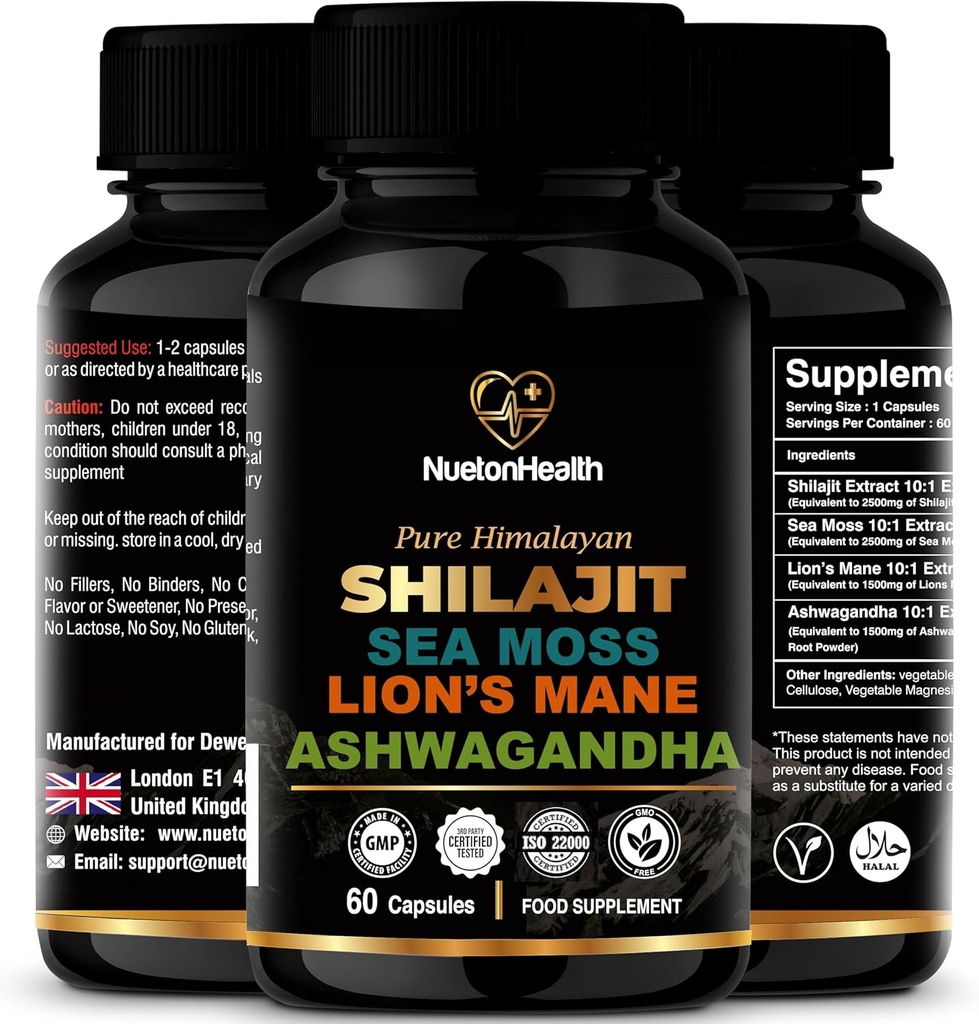 Shilajit, Sea Moss, Lion's Mane, and Ashwagandha Capsules - 智力、身体和生命综合全健康补充 - 60 Vegan Capsules