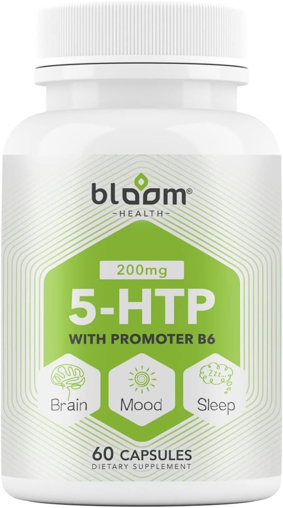 5 HTP 200mg 补充剂,维生素B6 天然睡眠,浓度,Mood增强剂 - 4 in 1 Formula Vegan Gluten,小麦,乳糖,无大豆 Capsules - 60 Counters