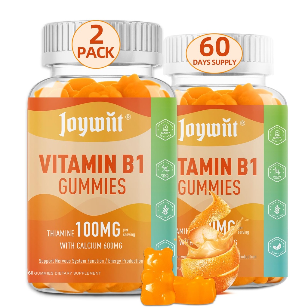 成人与儿童维生素B1 Gummys 100mg, Thiamine B1 配有600mg Calcium, 神经系统支持和布尔斯特能源, 橙色Flavor, 非转基因生物, Vegan, 120 Chewable Gummys