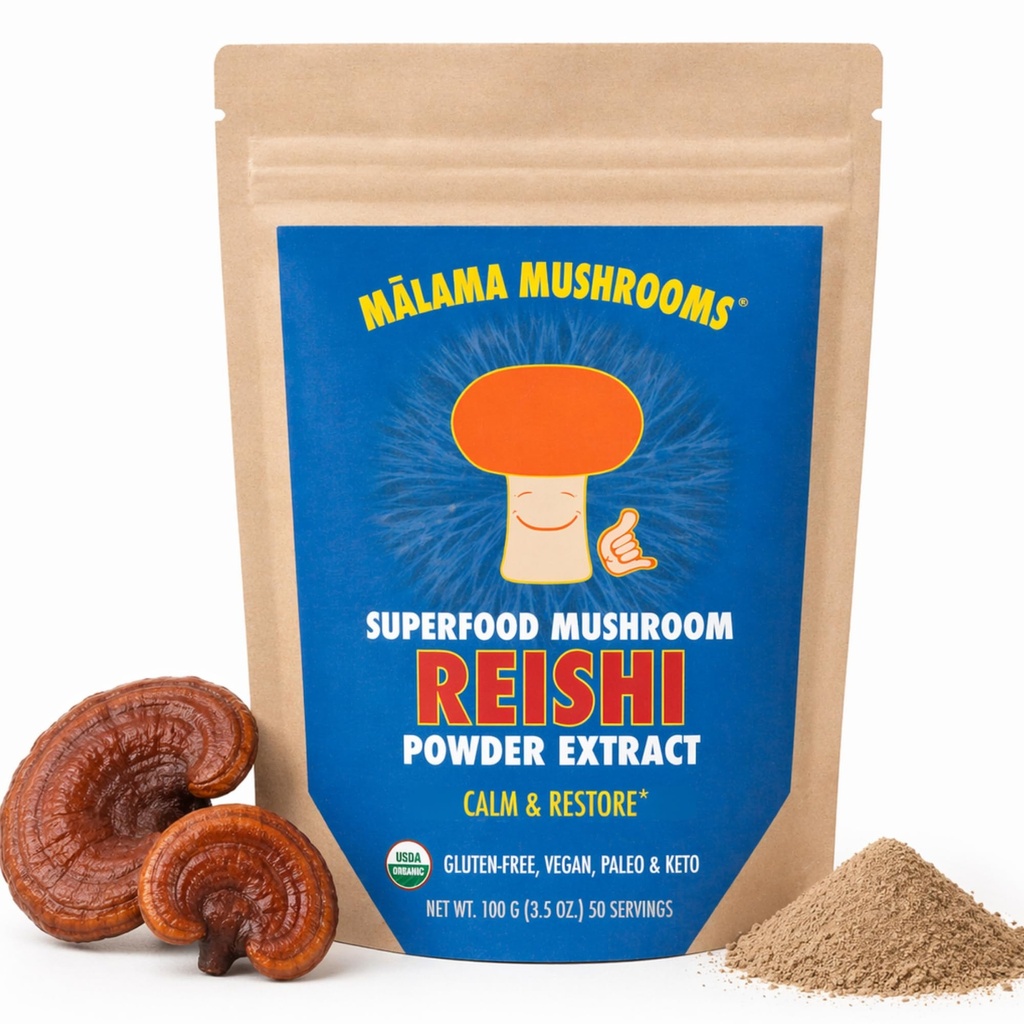 Malama Organic Reishi 蘑菇粉、纯果实体提取、适应性超食品用于免疫支持和安康、100种服务