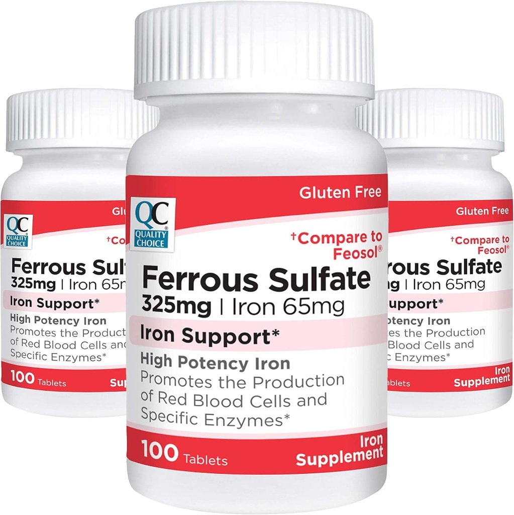 质量选择 铁 65 mg (325 mg Ferrous Sulfate) 高概率铁支持 100 个瓶子(3 Pack) 中 高概率铁辅助片