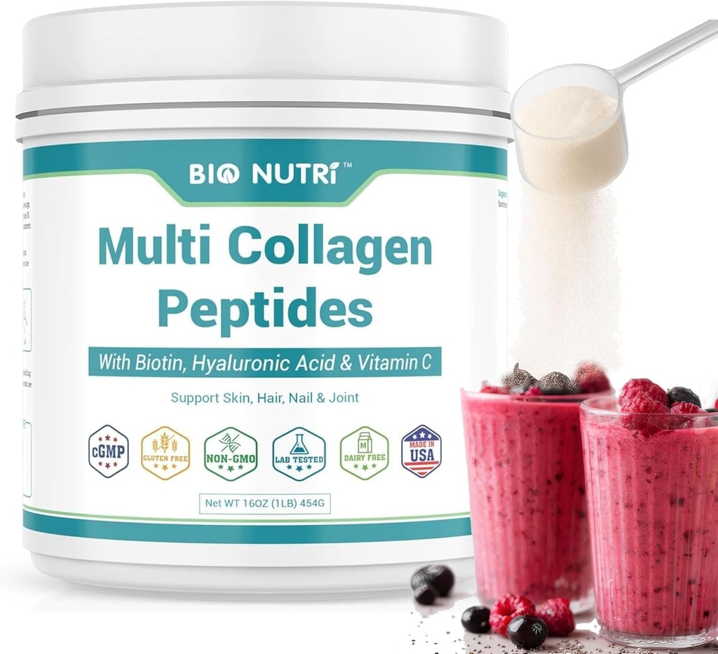 BIO NUTRI Collagen Peptides 多管(I,II,III,V,X),有Biotin & Hyaluronic酸,用于毛发,皮肤,直肠和关节,无味,16oz